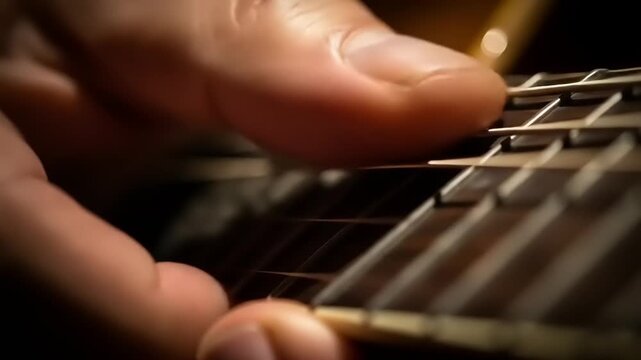Close-up of a musician's hand skillfully strumming guitar strings during an intimate performance