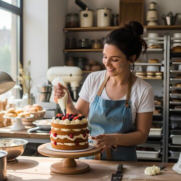Baker decorates a multi-layered sponge cake with cream and fresh berries in a professional kitchen environment.