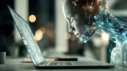 Laptop on desk with holographic data projections