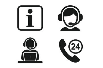 Customer service icon set. Help desk, info sign, call center operator with headset and 24-hour support icons. Vector illustration for contact us and online assistance.
