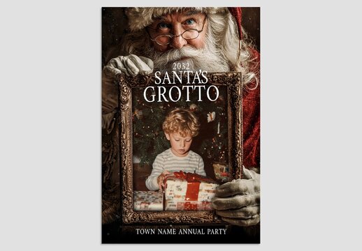 Christmas Flyer Template with Santa Claus Holding Vintage Gold Picture Frame, for Santa's Grotto & Toy Drive Events