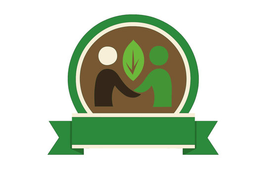 Fair Trade certified logo. Ethical sourcing & sustainable agriculture symbol. Green eco-friendly product label with handshake icon. Guaranteed quality & community support vector badge.