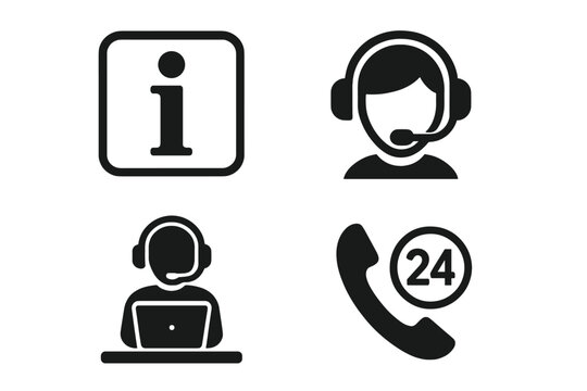 Customer service icon set. Help desk, info sign, call center operator with headset and 24-hour support icons. Vector illustration for contact us and online assistance.