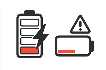 Battery charge indicator icons set. Low power and empty battery warning alert sign. Accumulator charging status symbol. Mobile interface element. Vector illustration concept.