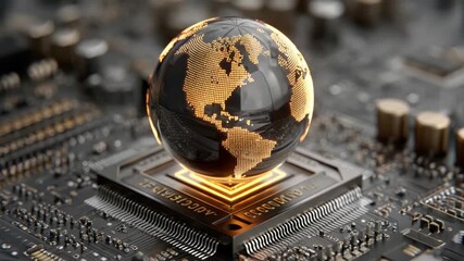 A digital globe with glowing landmass sits above a circuit board, representing global tech - Powered by Adobe