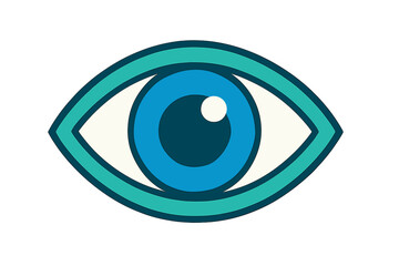Optical eye vector icon in color design with blue iris and teal outline, isolated on white background, minimalistic eye symbol illustration for vision and perception concepts.