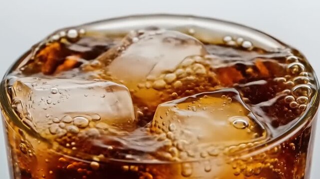 Close-up of a refreshing beverage with ice cubes splashing in a glass, highlighting the carbonation and texture