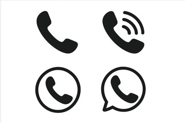 Telephone call icons set. Contact us symbols collection with transparent background. Vector illustration of classic phone handset, call waves, and speech bubble for communication and support