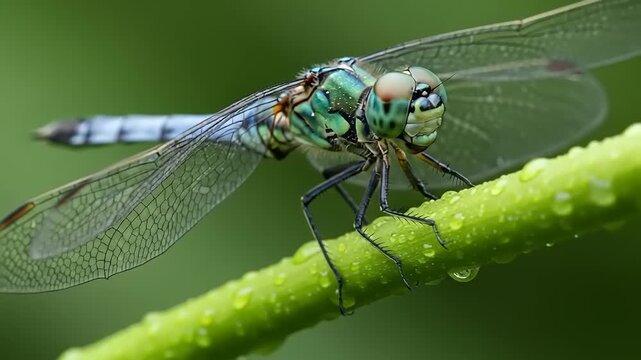 Close-up of a vibrant dragonfly perched on a green stem with droplets of water in a lush background