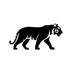 Obraz premium Black tiger silhouette walking on white background side view isolated animal.