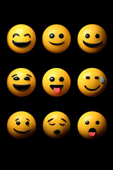 Fototapeta premium A vibrant collection of nine expressive emojis showcasing various emotions against a black background