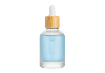 Frosted glass bottle with blue liquid isolated, essential oil serum container for skincare and aromatherapy, PNG