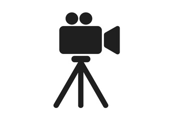 Video camera icon with tripod silhouette. Classic movie camera vector illustration with two reels, tripod stand, and lens. Cinema, filming, recording equipment symbol.