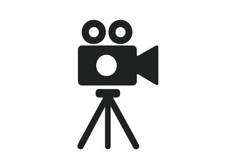 Vintage Film Video Camera Icon with Tripod Stand, Black Silhouette Vector Illustration, Transparent Background, Classic Movie Cinema Equipment Symbol for Media and Film Production