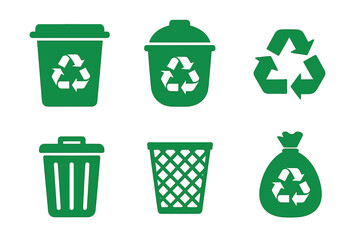 Green recycle bin vector icon set for waste sorting and management. Ecology concept with trash can, wastebasket, garbage bag, and universal recycling symbol illustration.