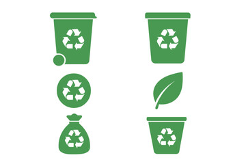 Green recycle bin icon set. Ecology vector concept for waste management. Trash separation and garbage sorting symbols. Eco friendly container, can, and leaf illustration.