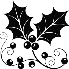 Elegant holly branch with berries and swirls on transparent background silhouette