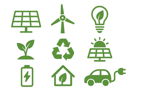 Vector icon set of green energy and sustainability. Eco friendly power sources like solar panel, wind turbine. Electric car, recycling, and renewable resources concept.