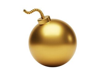 Golden bomb isolated on transparent background, shiny round explosive device with fuse PNG for danger and destruction concepts