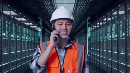 Front View of Asian Male Engineer Talking On Smartphone While Walking in Server Room Data Center - Powered by Adobe