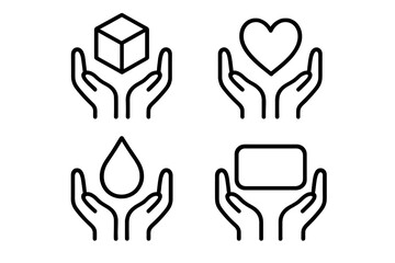 Hands hold icon set. Care, protection, love concept. Hand holding heart, water drop, box, package. Charity, donation, support symbol. Vector line art illustration collection.