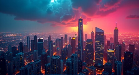 Fototapeta premium This dynamic art captures a sprawling modern city with towering skyscrapers under a dramatic, vibrant twilight sky.