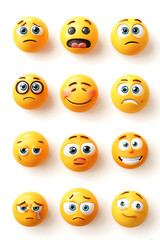 Fototapeta premium A vibrant collection of expressive emoji faces showcasing various emotions on a white background