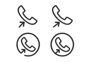 Incoming phone call vector icon collection. Telephone handset with arrow symbol. Communication, contact us, support, hotline sign. Outline line art pictogram set for web, app.
