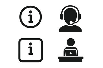 Help desk and customer service icon set. Info point sign, call center agent with headset. Support operator at desk with laptop. Vector symbol collection for FAQ and contact.