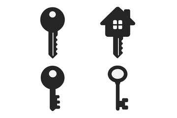 Key icon set for security and access. Vector illustration of house key, door key, and old key silhouettes. Real estate, home ownership, and property concepts for design.