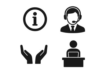 Customer service icon set. Call center operator with headset, info sign, help desk and support hands icons. Vector illustration for contact us, hotline and assistance.