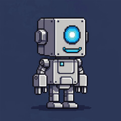 Pixel art robot with a square head and a blue eye, smiling.