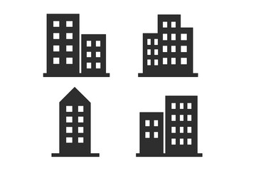 Property building vector icon set, real estate symbols with transparent background, modern urban architecture illustrations, commercial and residential structures, city skyline concept