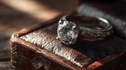 A dazzling diamond engagement sparkles in its vintage velvet box, ready to symbolize a lifetime of love and commitment between two people in marriage.