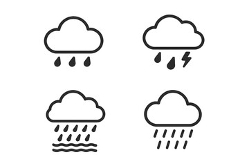 Weather icon set with rain clouds in black silhouette design, vector illustration of rainy day symbols including rain drops, thunderstorm, heavy rain, water, and drizzle, transparent background