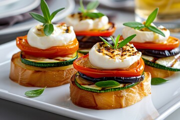Bruschetta appetizers with grilled vegetables and mozzarella