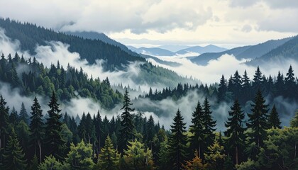 Obraz premium Scenic aerial view of a dense evergreen forest in the mountains, with layers of fog and mist in the valleys