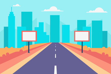 Naklejka premium Road to city with billboards and sky background art