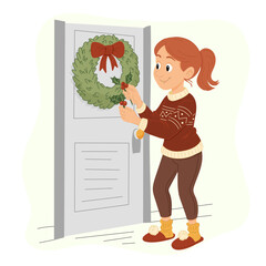 Woman Decorating Front Door with Christmas Wreath Cartoon Illustration