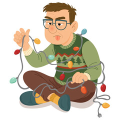 Funny Man Untangling Christmas Lights Before Decorating Tree Cartoon Illustration