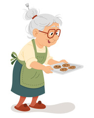 Grandma Baking Christmas Cookies in Cozy Winter Kitchen Cartoon Illustration