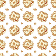 Seamless pattern of Christmas gingerbread cookies with Jingle Bells lettering, snowflakes and stars in cute festive flat style