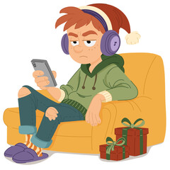 Teen boy sitting in armchair with headphones and smartphone near Christmas gifts, funny festive cartoon character in cozy winter atmosphere