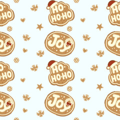 Seamless Christmas pattern with Joy and Ho Ho Ho gingerbread cookies, hearts and snowflakes in warm flat style