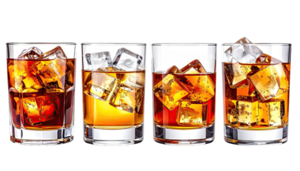 Four glasses of amber colored alcoholic drinks with ice cubes.