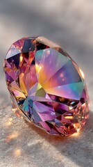 A beautifully iridescent gemstone catches the light, showcasing a kaleidoscope of pink, purple, and golden hues on a textured surface, creating sparkling effect.