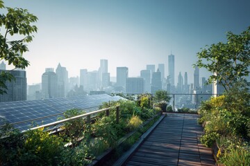 Fototapeta premium Rooftop garden with solar panels integrated into a city skyline in bright daylight.