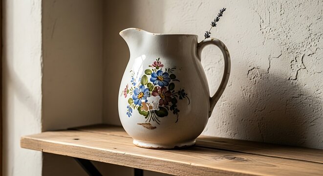 Vintage Floral Pitcher on Wooden Shelf - Rustic Charm and Elegant Design.