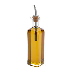 3d icon of a clear glass bottle with a metal spout filled with golden oil, isolated on transparent background