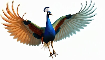 Fototapeta premium Majestic peacock takes flight, spreading wide colorful wings. Exotic bird shows vibrant blue body, green, orange, white feathers. Powerful animal soars in air with legs tucked, symbol of nature
